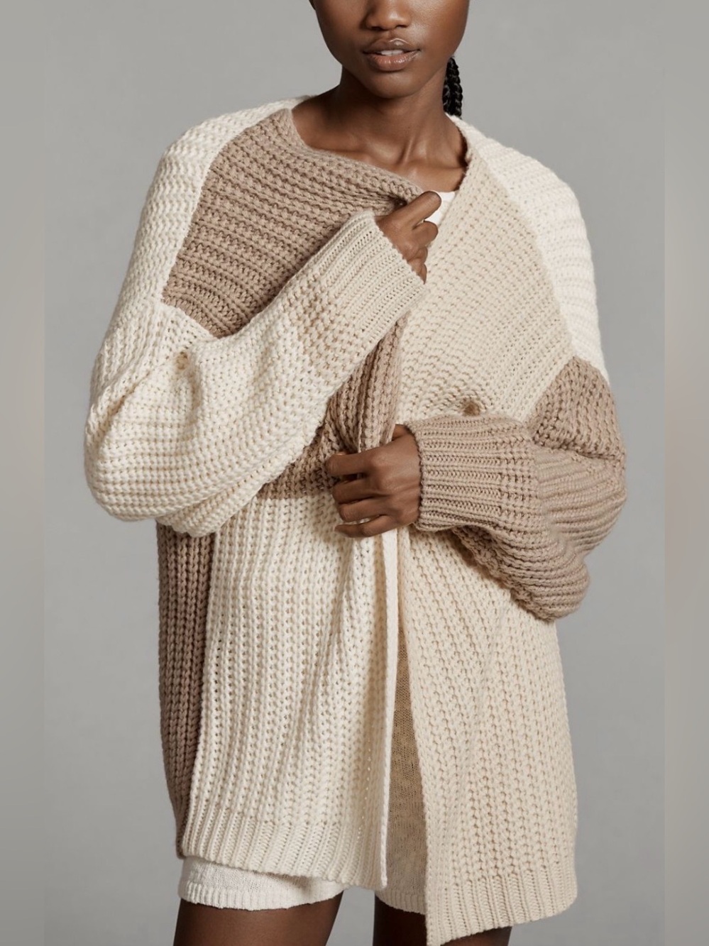 Anthropologie Porridge Colorblock Chunky Fall Boho Neutral Cozy Knit Cardigan